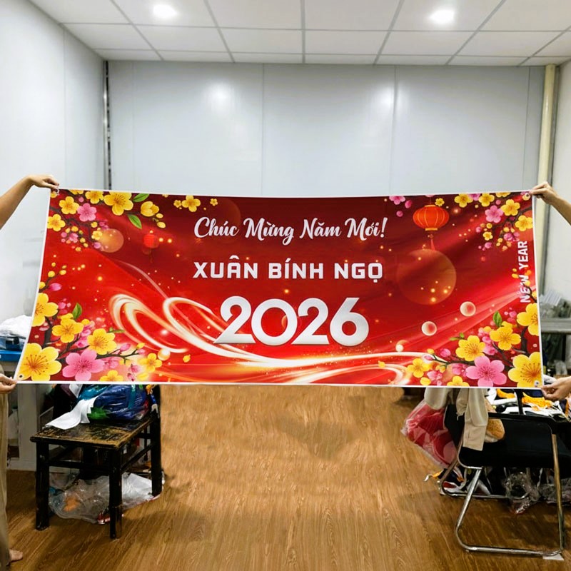 In banner vải chào đón năm mới 2026 xuân Bính Ngọ